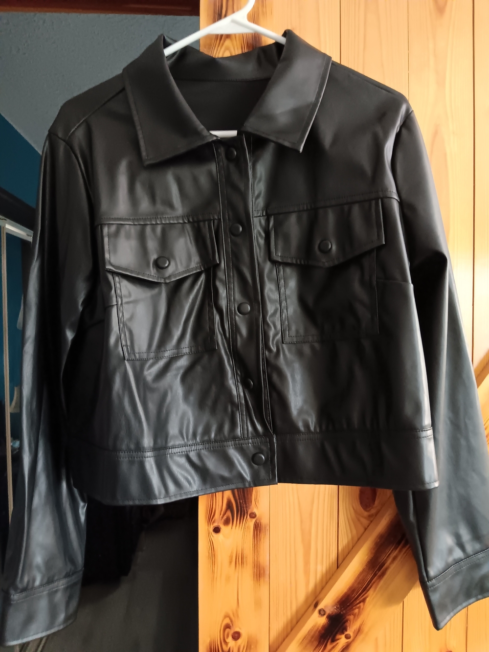 SHEIN Black Faux Leather Button-Front Crop Jacket